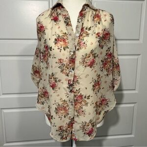 Akualani Floral‎ Print Sheer Button Down Shirt Romantic Blouse Flowy Top Medium